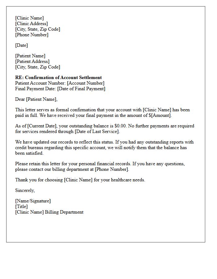 Medical Clinic Account Settled In Full Confirmation Letter