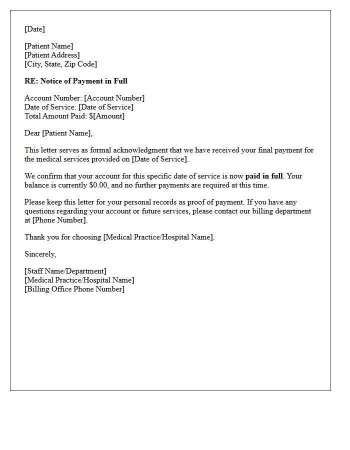 Medical Services Paid In Full Acknowledgment Letter