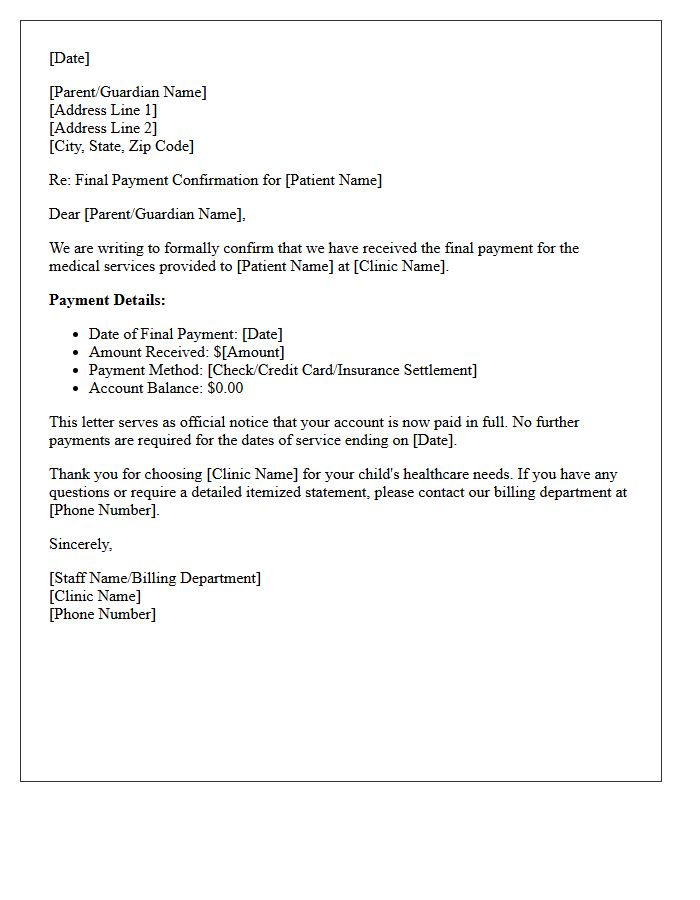 Pediatric Care Final Payment Confirmation Letter