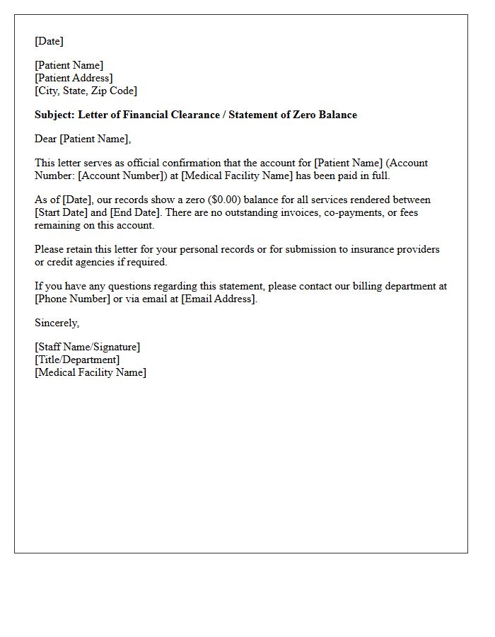Medical Facility Balance Clearance Letter