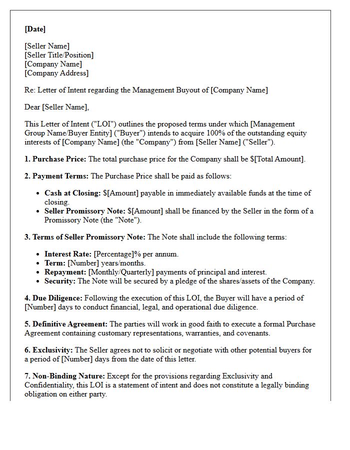 Letter of Intent for Management Buyout Financed by Seller Promissory Note