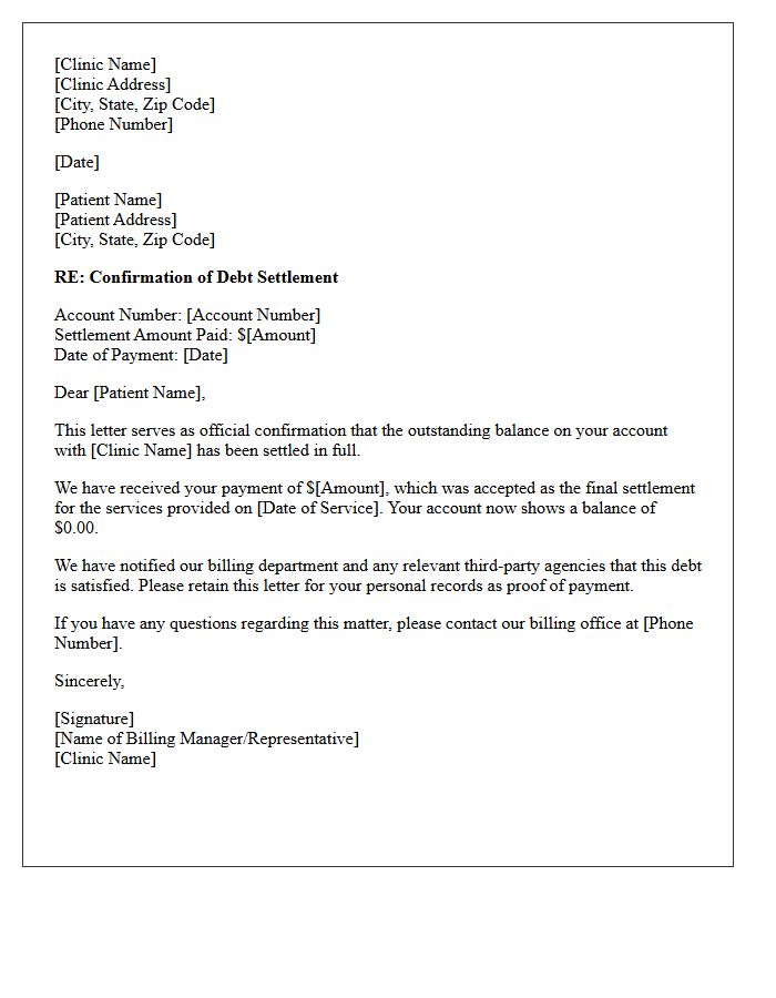 Outpatient Clinic Debt Settled Confirmation Letter