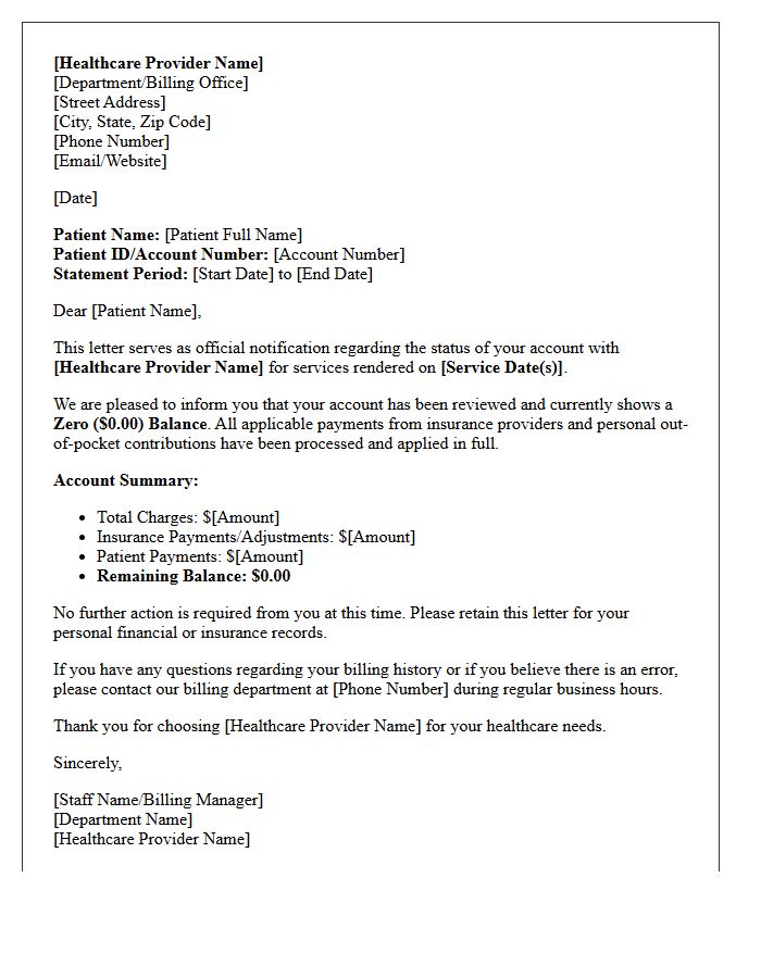 Healthcare Provider Zero Balance Statement Letter