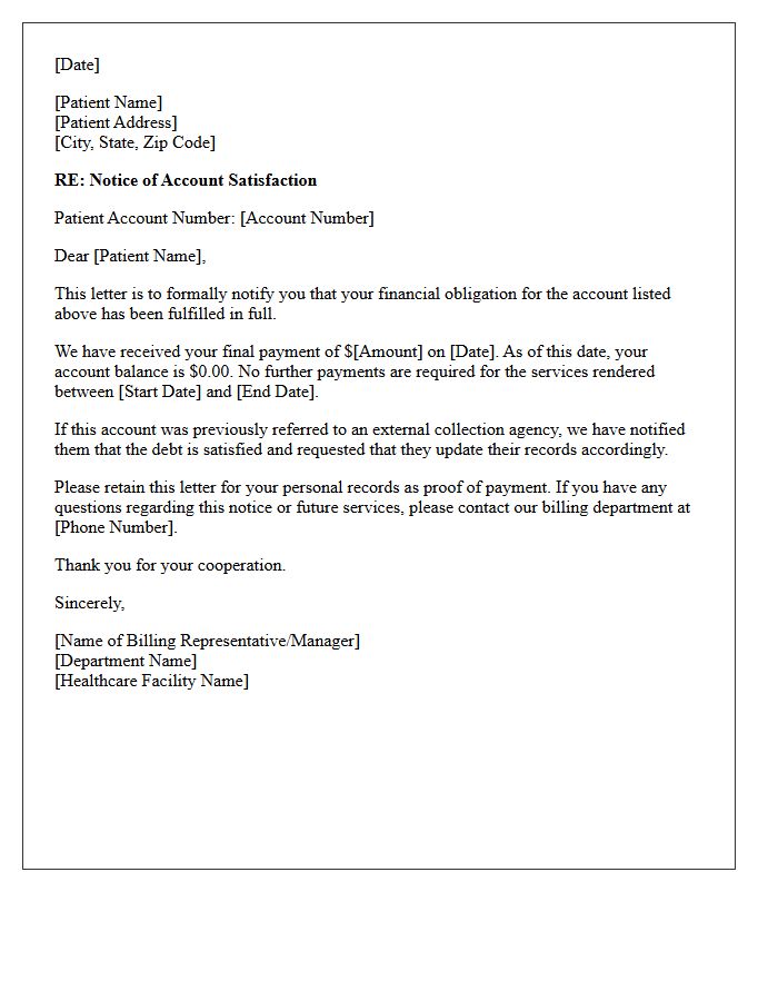 Patient Account Financial Obligation Fulfilled Letter