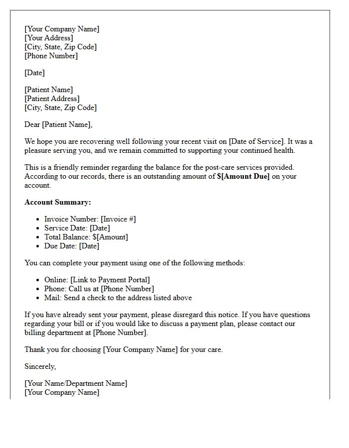 Post-Care Services Friendly Billing Letter