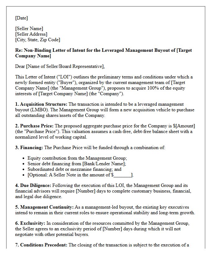 Letter of Intent for Leveraged Management Buyout of Legal Entity
