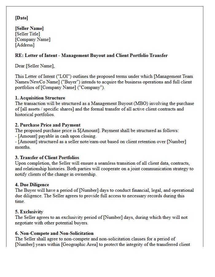 Letter of Intent for Management Buyout and Transfer of Client Portfolios