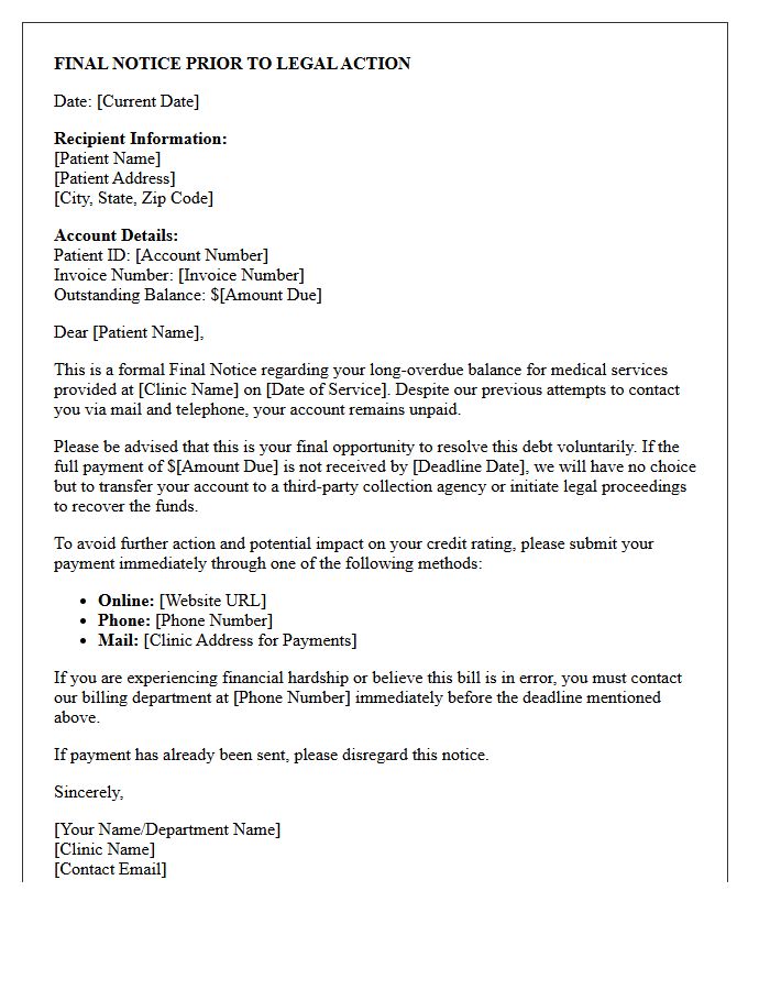 Final Notice Letter for Unpaid Clinic Medical Bills Before Legal Action