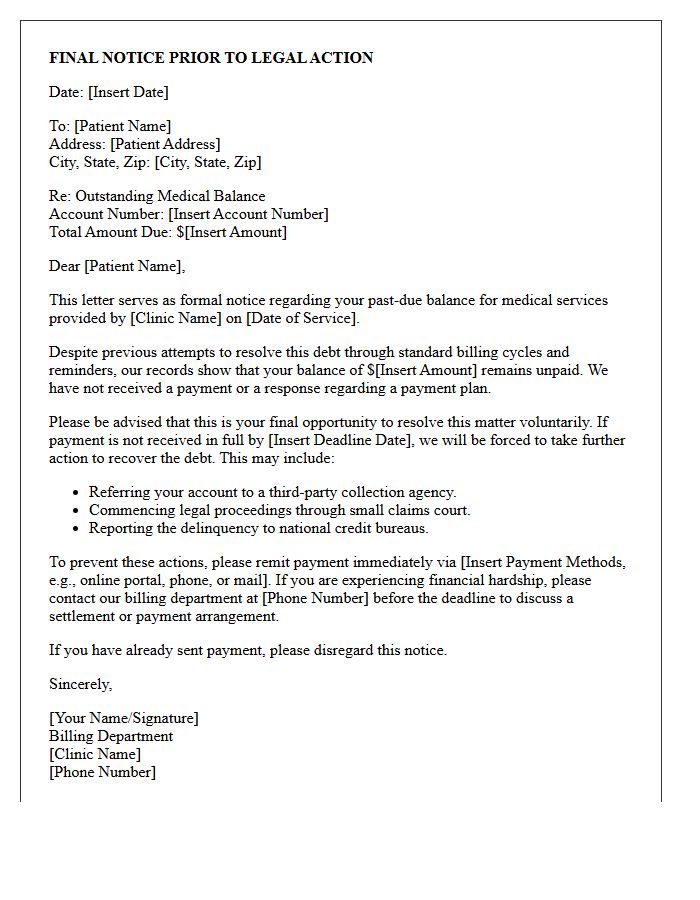 Notice of Legal Action Letter for Outstanding Medical Clinic Balance