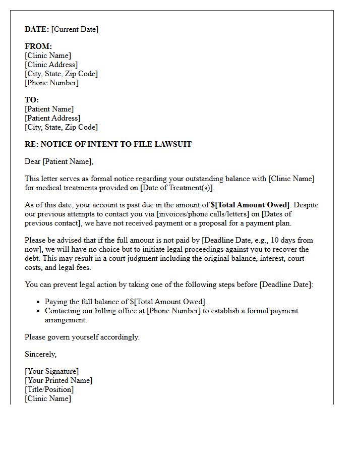 Notice of Intent to Sue Letter for Unpaid Clinic Treatments