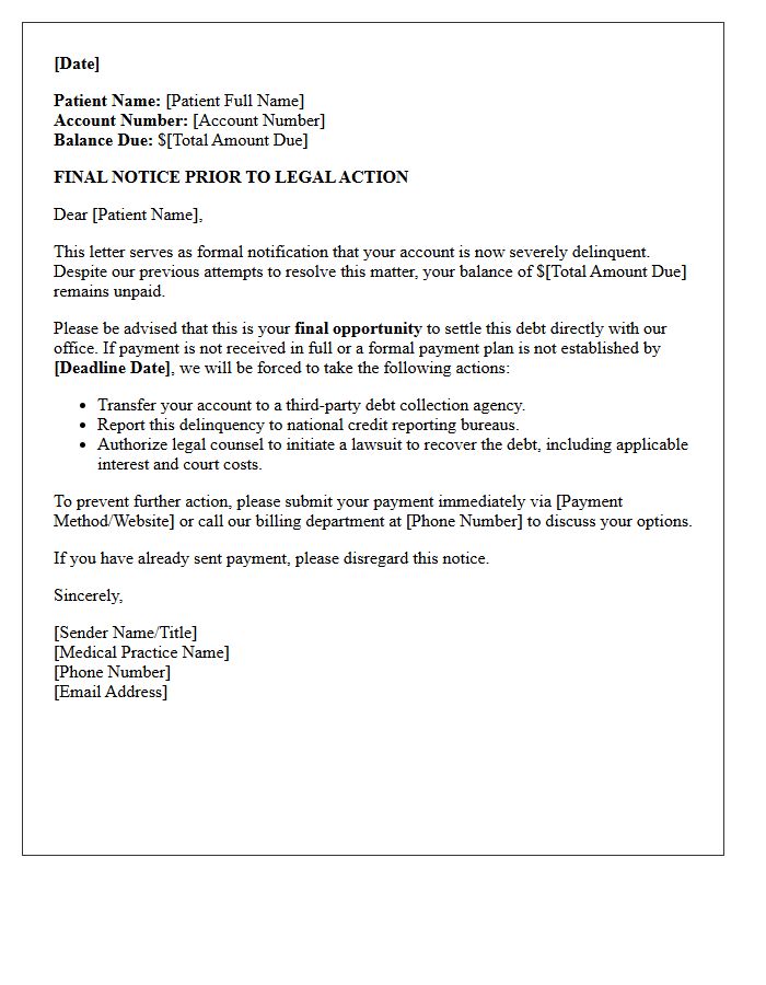Final Collection and Legal Action Notice Letter for Medical Patients