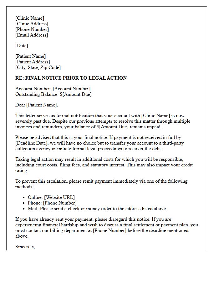 Medical Clinic Default Account Letter Proceeding to Legal Action
