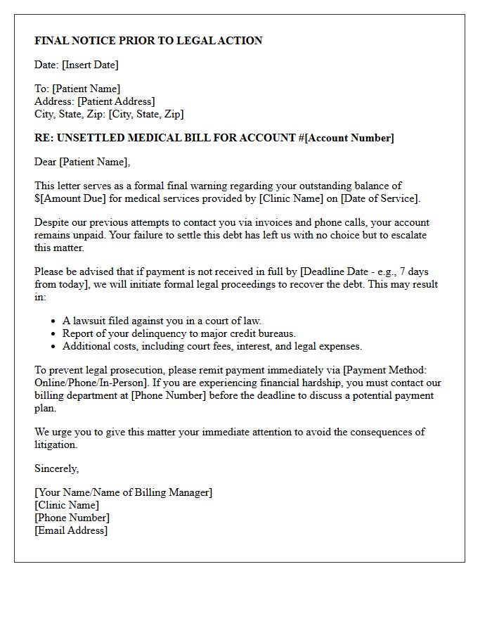Legal Prosecution Warning Letter for Unsettled Medical Clinic Bills