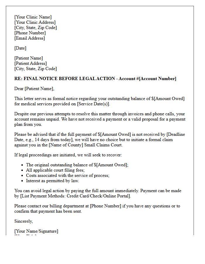 Notice of Small Claims Court Letter for Outstanding Clinic Fees