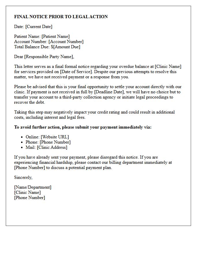 Clinic Overdue Payment Letter Warning of Imminent Legal Action