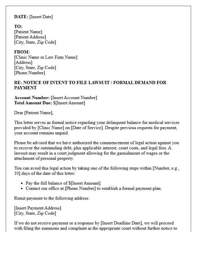 Notice of Debt Collection Lawsuit Letter for Medical Clinic Services