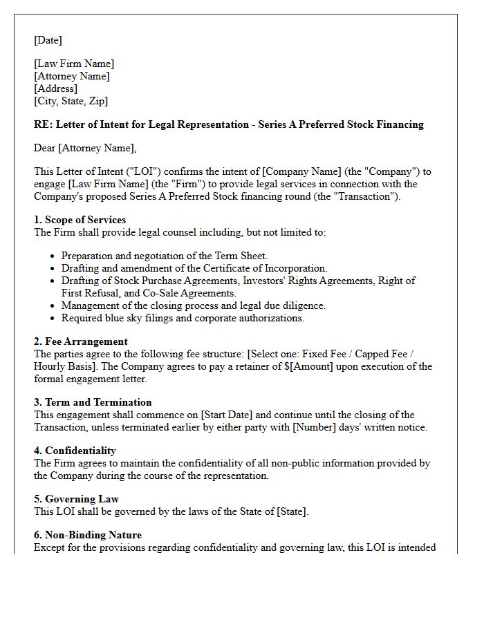 Series A Preferred Stock Letter of Intent for Legal Services