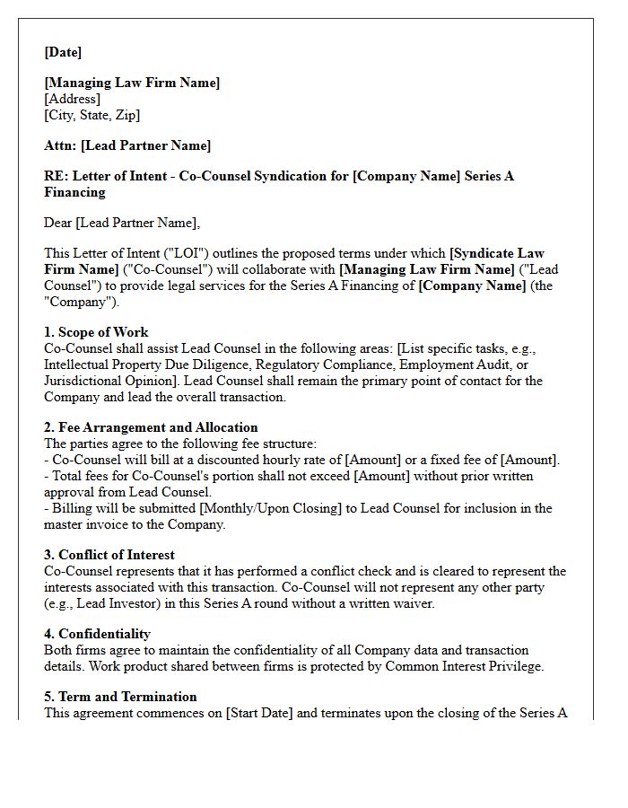 Co-Counsel Syndication Letter of Intent for Series A Financing