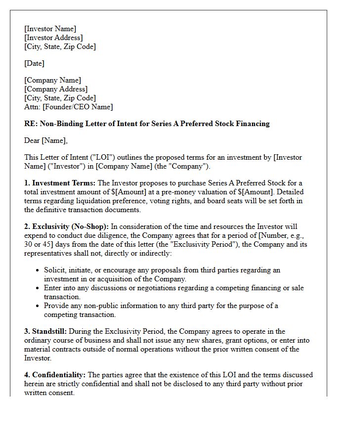 Exclusivity and Standstill Letter of Intent for Series A Investment