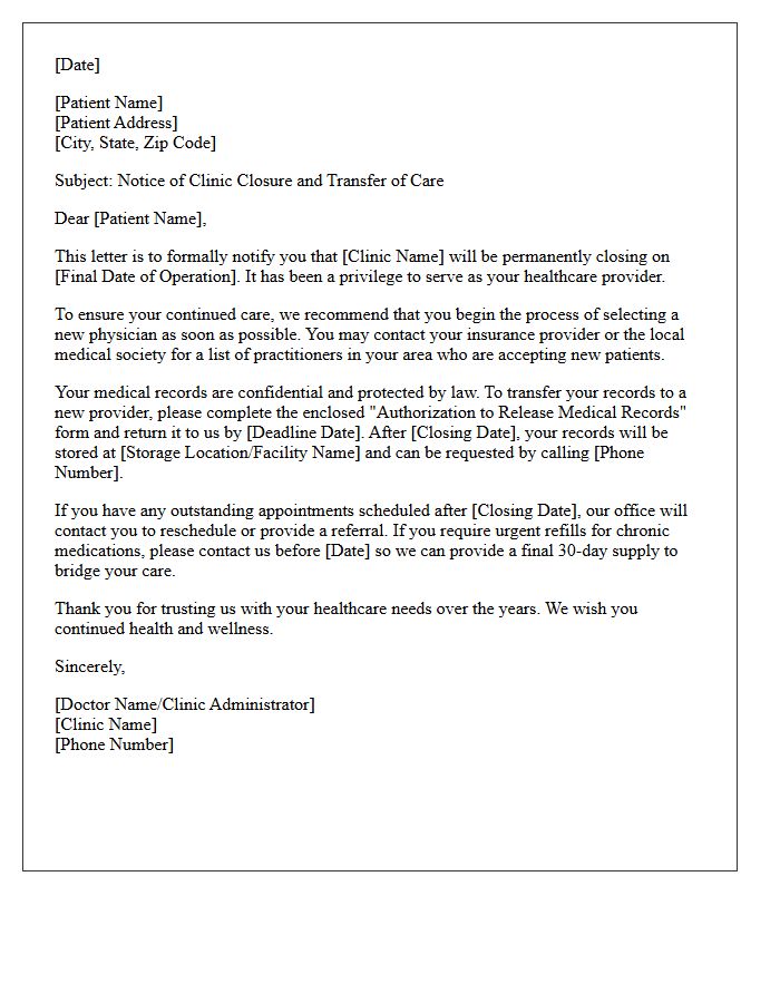 Medical Clinic Closure Transfer Of Care Letter