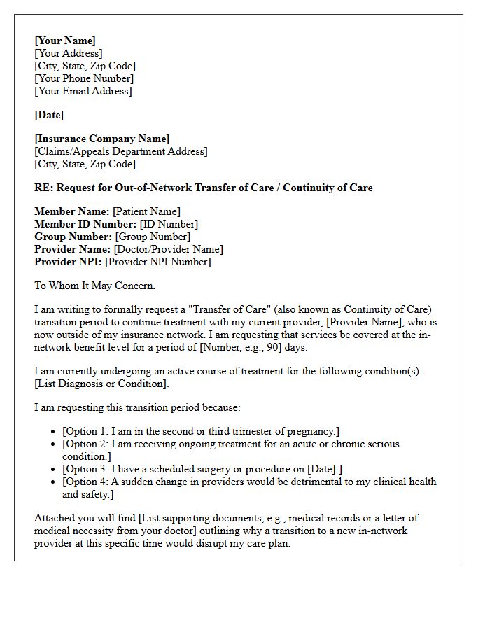 Out Of Network Insurance Transfer Of Care Letter