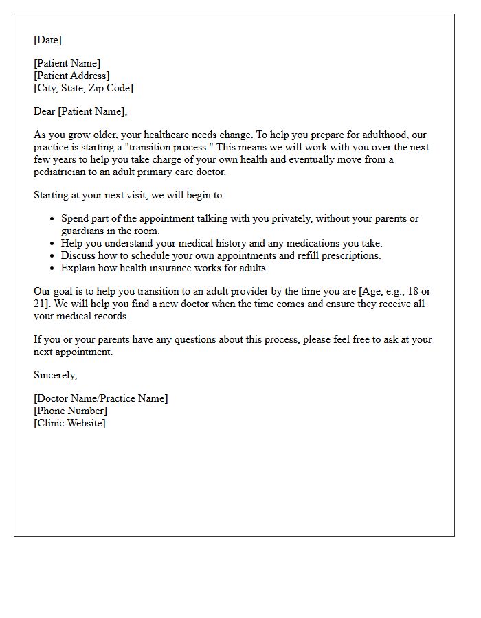 Pediatric Transition Introduction Letter for Adolescent Patients