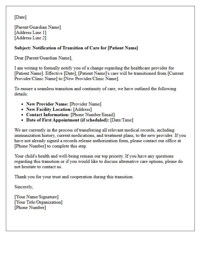 Parent and Guardian Transition of Care Notification Letter