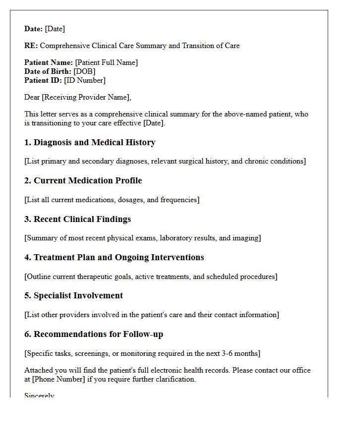 Comprehensive Clinical Care Summary Transition Letter