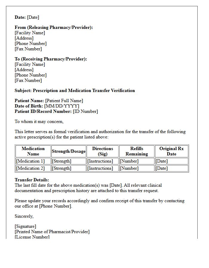 Prescription and Medication Transfer Verification Letter
