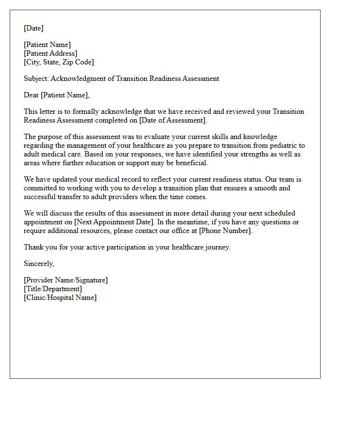 Transition Readiness Assessment Acknowledgment Letter