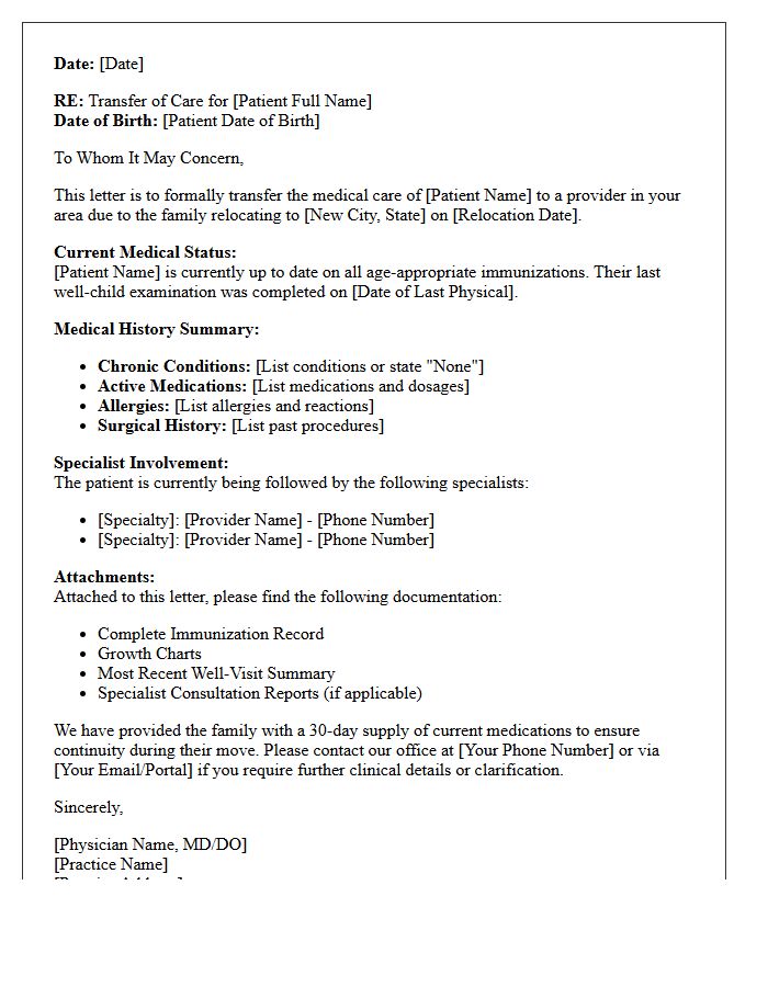 Pediatric Out of State Relocation Transfer of Care Letter