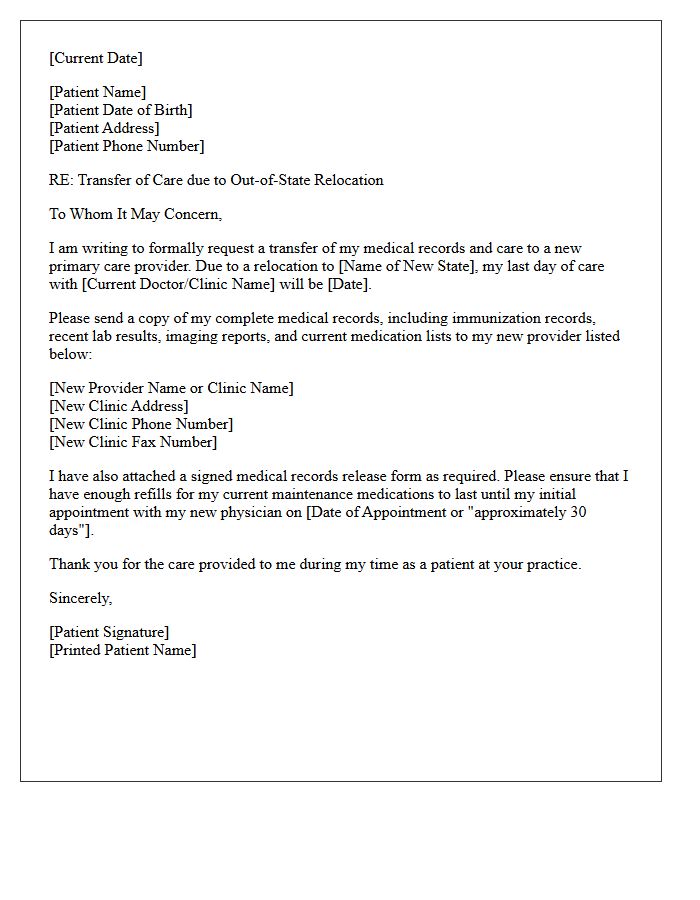 Primary Care Out of State Relocation Transfer of Care Letter