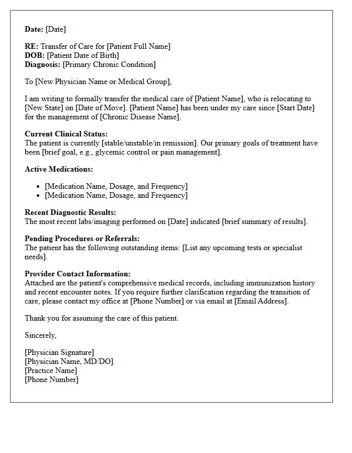 Chronic Disease Out of State Relocation Transfer of Care Letter