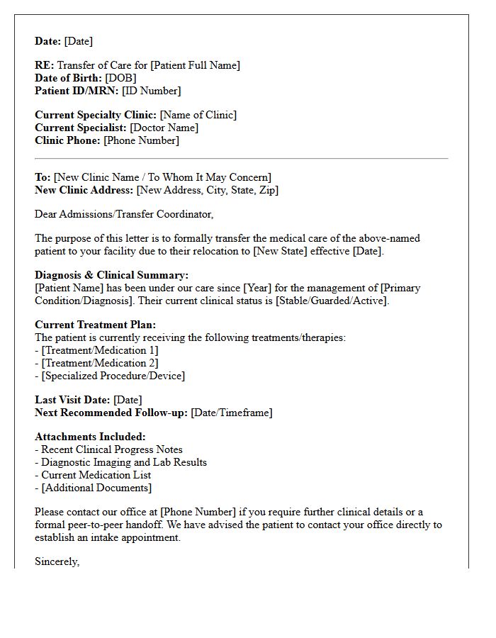 Specialty Clinic Out of State Relocation Transfer of Care Letter
