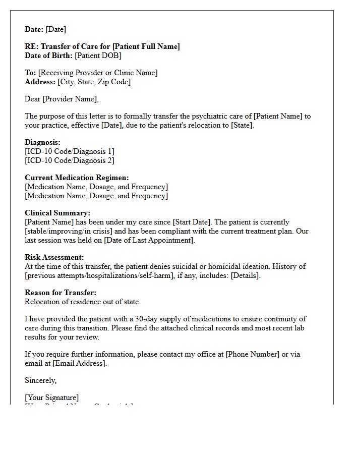 Psychiatric Out of State Relocation Transfer of Care Letter