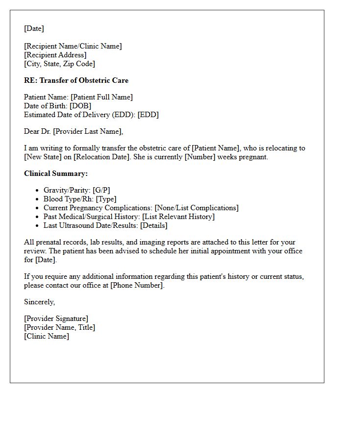 Obstetrics Out of State Relocation Transfer of Care Letter
