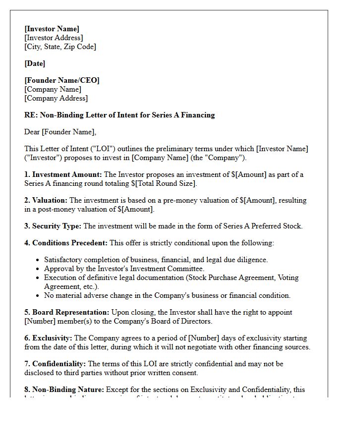 Due Diligence Conditional Letter of Intent for Series A Financing