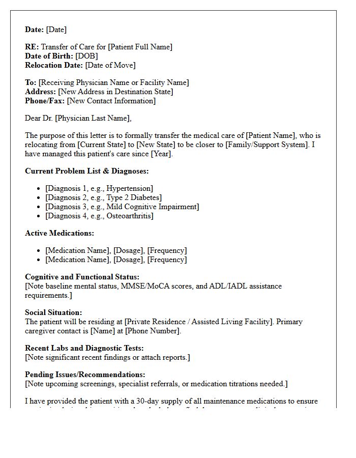 Geriatric Out of State Relocation Transfer of Care Letter