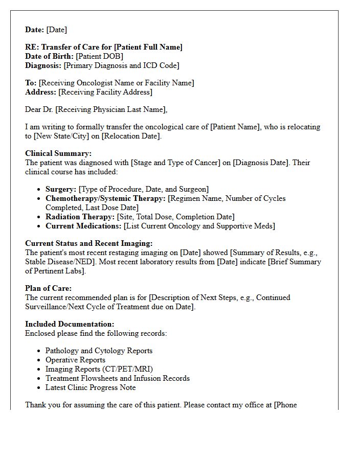 Oncology Out of State Relocation Transfer of Care Letter