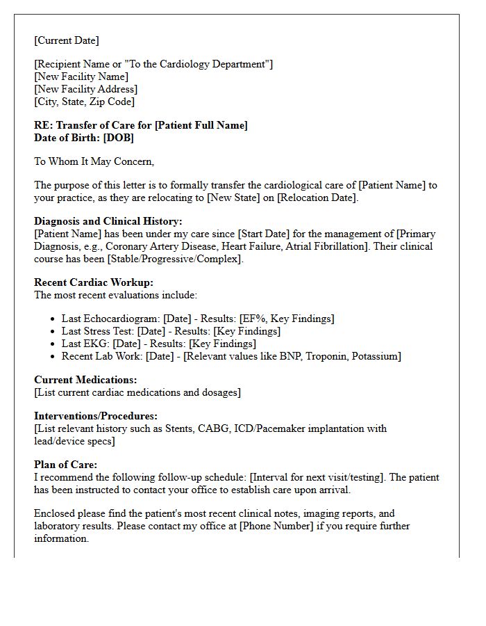 Cardiology Out of State Relocation Transfer of Care Letter