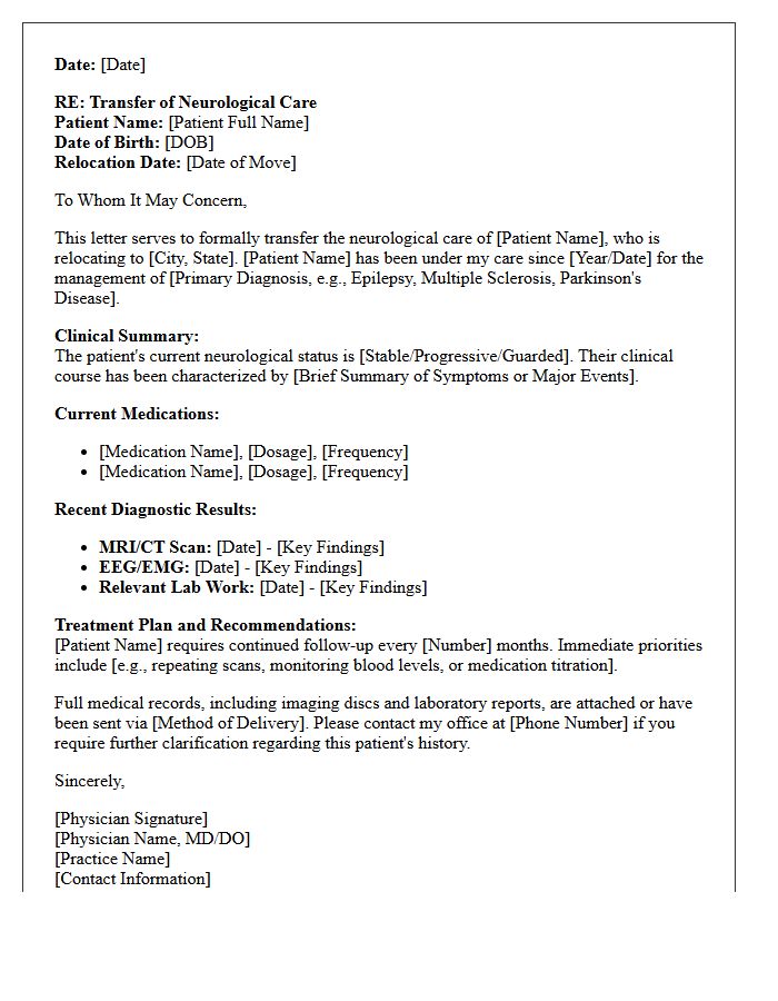 Neurology Out of State Relocation Transfer of Care Letter