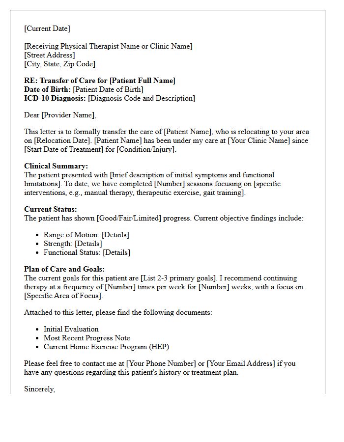 Physical Therapy Out of State Relocation Transfer of Care Letter