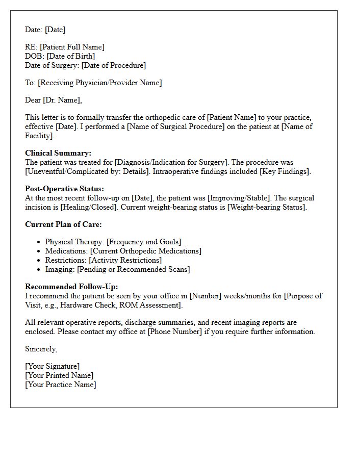 Orthopedic Surgery Transfer of Care Letter