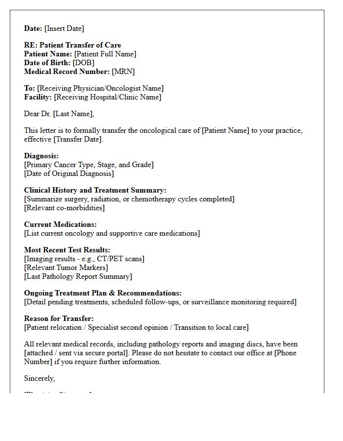 Oncology Transfer of Care Letter