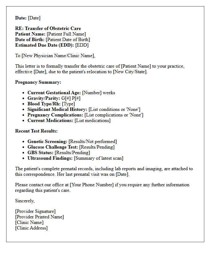 Relocation Obstetric Transfer of Care Letter