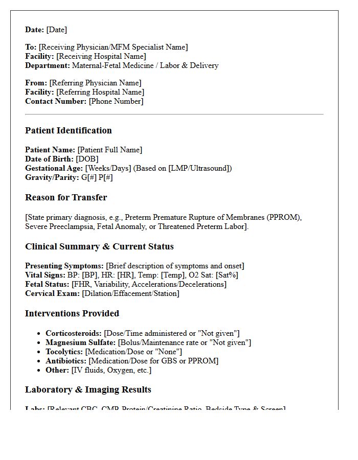 High-Risk Maternal-Fetal Medicine Transfer Letter