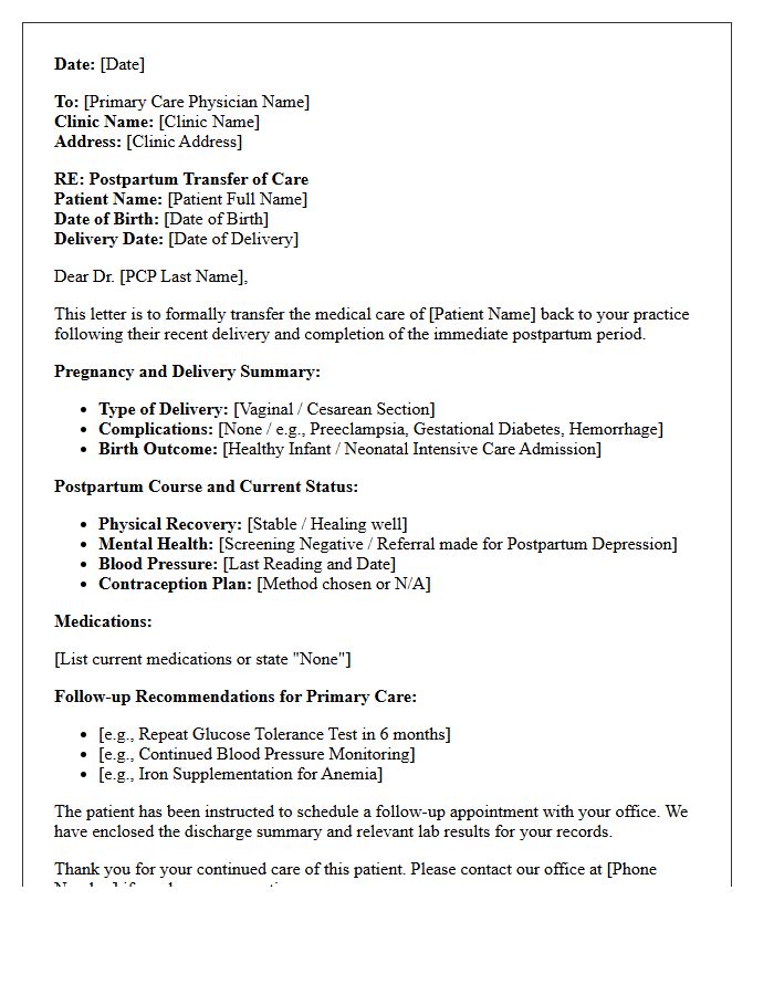 Postpartum Primary Care Transfer Letter