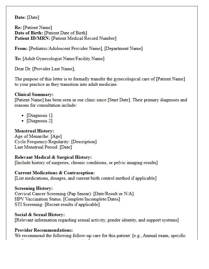 Adolescent to Adult Gynecology Transfer Letter