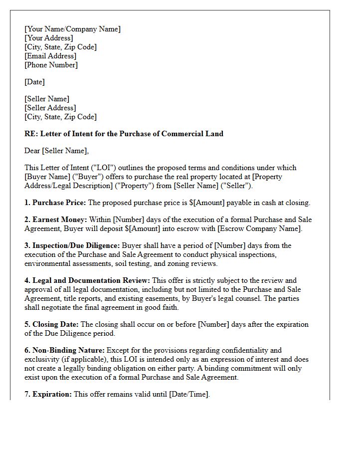 Letter of Intent for Commercial Land Acquisition Subject to Legal Review