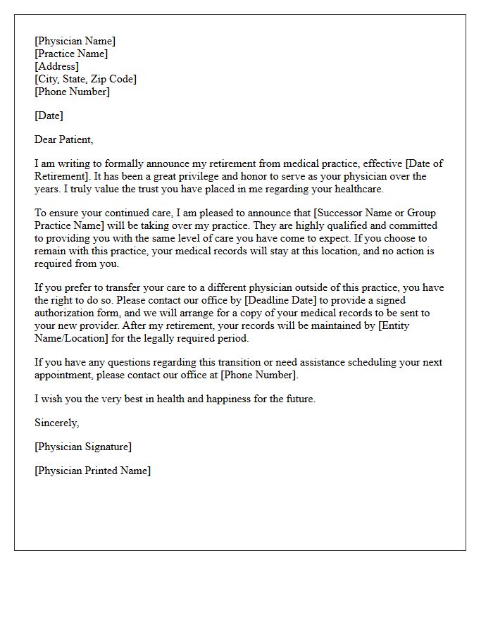 Standard Physician Retirement and Transfer of Care Letter